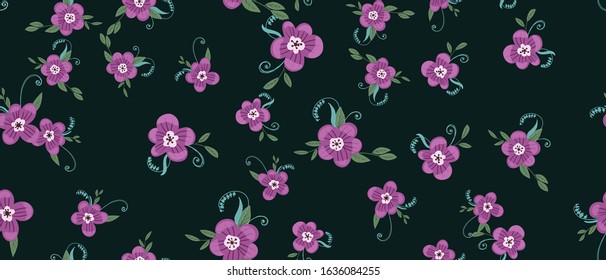 Seamless pattern with colorful hand drawn flowers. Original textile, wrapping paper, wall art surface design. Vector illustration. Floral simple minimalistic graphic design