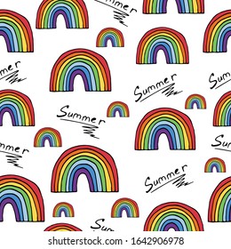 Seamless pattern with colorful hand drawn rainbow on a white background. It can be used for decoration of textile, paper and other surfaces.