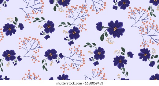Seamless pattern with colorful hand drawn flowers. Original textile, wrapping paper, wall art surface design. Vector illustration. Floral simple minimalistic graphic design