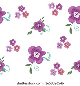 Seamless pattern with colorful hand drawn flowers. Original textile, wrapping paper, wall art surface design. Vector illustration. Floral simple minimalistic graphic design