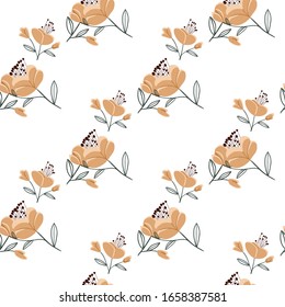 Seamless pattern with colorful hand drawn flowers. Original textile, wrapping paper, wall art surface design. Vector illustration. Floral simple minimalistic graphic design