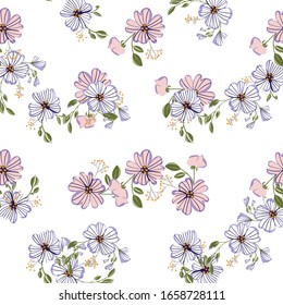 Seamless pattern with colorful hand drawn flowers. Original textile, wrapping paper, wall art surface design. Vector illustration. Floral simple minimalistic graphic design