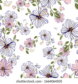Seamless pattern with colorful hand drawn flowers. Original textile, wrapping paper, wall art surface design. Vector illustration. Floral simple minimalistic graphic design