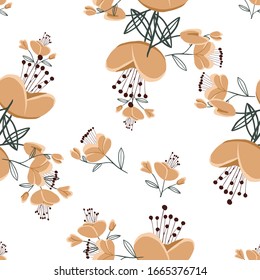 Seamless pattern with colorful hand drawn flowers. Original textile, wrapping paper, wall art surface design. Vector illustration. Floral simple minimalistic graphic design