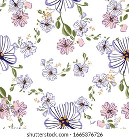 Seamless pattern with colorful hand drawn flowers. Original textile, wrapping paper, wall art surface design. Vector illustration. Floral simple minimalistic graphic design