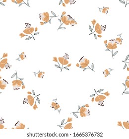 Seamless pattern with colorful hand drawn flowers. Original textile, wrapping paper, wall art surface design. Vector illustration. Floral simple minimalistic graphic design