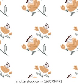 Patrón inoxidable con coloridas flores dibujadas a mano. Tejido original, papel envolvente, diseño de superficie de arte mural. Ilustración vectorial. Diseño gráfico floral simple y minimalista