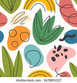 Nahtloses Muster mit bunten, handgezeichneten organischen Formen, Linien, Doodles und Elementen.Natürliche Formen.Vektorillustration Trenddesign perfekt für Drucke, Flyer, Banner, Stoff, Einladungen, Branding, Cover und vieles mehr.