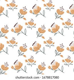 Seamless pattern with colorful hand drawn flowers. Original textile, wrapping paper, wall art surface design. Vector illustration. Floral simple minimalistic graphic design