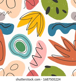 Seamless pattern with colorful hand drawn organic shapes,lines,doodles and elements.Natural forms.Vector trendy design perfect for prints,flyers,banners,fabric ,invitations,branding,covers and more.