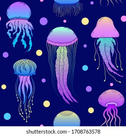 Seamless pattern with colorful hand drawn jellyfishes on dark blue background