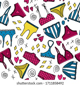 Seamless pattern colorful hand drawn underwear: bras and panties in doodle style. Vector illustration on white.