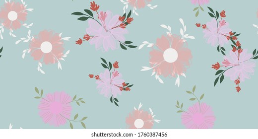 Patrón sin foco con coloridas flores dibujadas a mano. Textil original, papel envolvente, diseño de superficie de arte mural. Ilustración vectorial. Diseño gráfico floral simple minimalista