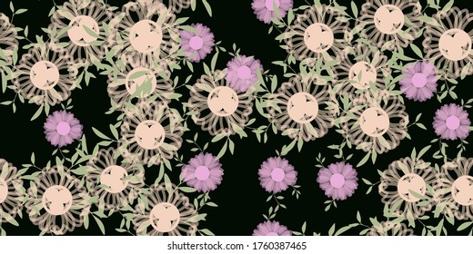 Seamless pattern with colorful hand drawn flowers. Original textile, wrapping paper, wall art surface design. Vector illustration. Floral simple minimalistic graphic desig