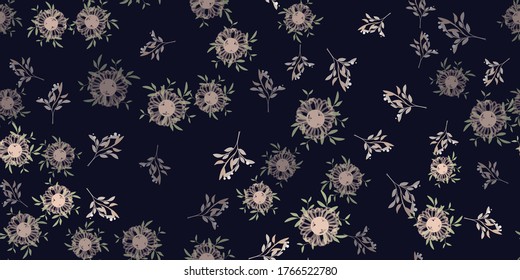 Seamless pattern with colorful hand drawn flowers. Original textile, wrapping paper, wall art surface design. Vector illustration. Floral simple minimalistic graphic desig