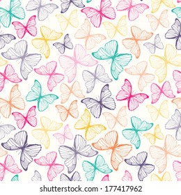 Seamless pattern with colorful hand drawn outline butterflies. Spring summer background. Vector illustration