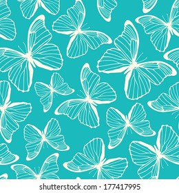 Seamless pattern with colorful hand drawn outline butterflies. Spring summer background. Vector illustration