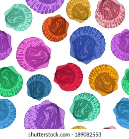 Seamless pattern of colorful hand drawn seashells