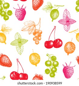Seamless pattern with colorful hand drawn berries isolated on white