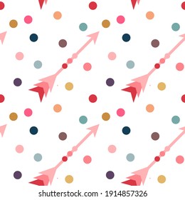 
Seamless pattern with colorful hand drawn arrows and dots. Abstract background in retro style. Great for fabrics, textiles, apparel. Vector illustration