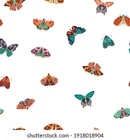 Seamless pattern with colorful hand drawn butterflies and moths on white background. Stylized flying insects, vector illustration. 