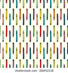 Seamless pattern with colorful hand drawn sketchy crayons. Childish school tiling background.