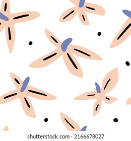 Patrón inmaculado con coloridas flores de verano dibujadas a mano. Textil moderno y original, papel envolvente, arte mural. Textura vectorial con plantas abstractas simples. Superficie floral simple minimalista naiéutica 