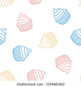 Seamless pattern with colorful hand drawn cupcakes.