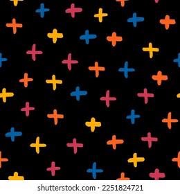 Seamless pattern with colorful hand drawn cross and black background