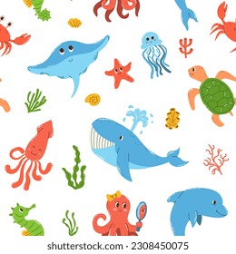 Seamless pattern of colorful hand drawn marine animals and algae, corals underwater world in flat vector style. Print design for children apparel, textile, wallpaper, packaging