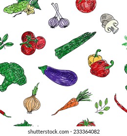 Seamless pattern with colorful hand drawn vegetables on whaite background