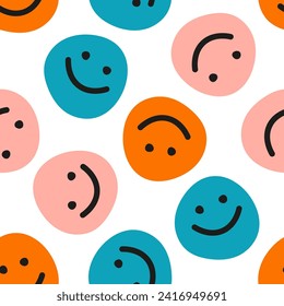 Seamless pattern with colorful hand drawn happy face