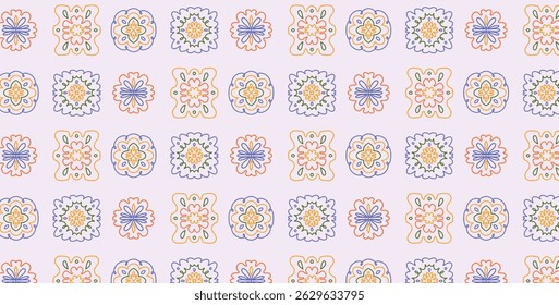 Seamless pattern with Colorful Hand Drawn Geometric Floral Shapes. Retro Style Botanical Ornaments. Naive Doodle Spring Flowers. Vector Illustration for Textile, Wrapping Paper, Wallpaper.