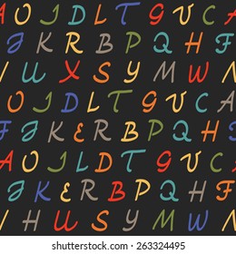 Seamless pattern with colorful hand drawn letters on black background. Vector illustration. 