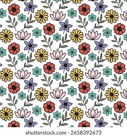 Seamless pattern of colorful hand drawn wildflowers and leaves on a white background