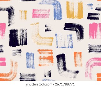 Seamless pattern with colorful hand drawn brush strokes, textures, square shapes. Rough lines, grunge marks, bold strokes, lines, painted elements. Vector halftone effect. Background, wallpaper, print
