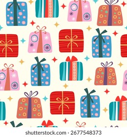 Seamless pattern of colorful hand drawn stylized gift boxes. Festive background for holiday decoration. Vector.