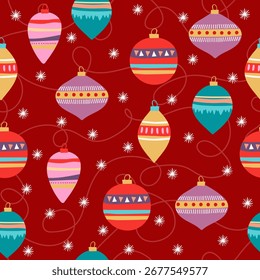 Patrón sin fisuras de coloridos adornos de Navidades dibujadas a mano y estrellas con hilo sobre fondo rojo. Concepto de fondo de Festiva para tarjeta de felicitación, tela, embalaje. Vector