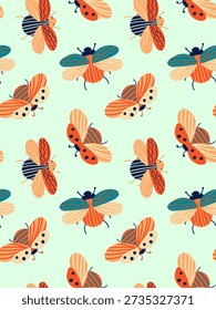 Padrão sem costura com mão colorida desenhada voando insetos e besouros estilo retro para papel de parede têxtil Nursery Decor Web Design