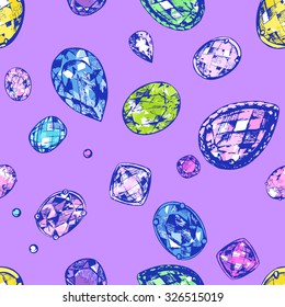 Seamless pattern of colorful hand drawn precious stones on the lilac background. Vector illustration for your design, print, textile, wallpaper or wrapping paper.