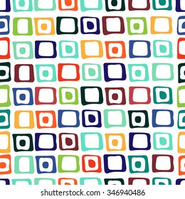 Seamless pattern with colorful hand drawn squares, empty and with dots, originally made with ink. vector illustration