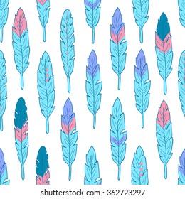 Seamless pattern with colorful hand drawn feathers on white background. Seamless texture with light blue feathers in ethnic boho style. Vintage print perfect for home textile or fall fashion