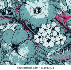 Seamless pattern with colorful hand drawn tropical plants and flowers with watercolor texture. Summer hawaiian vector background