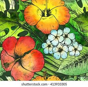 Seamless pattern with colorful hand drawn tropical plants and flowers with watercolor texture. Summer hawaiian vector background