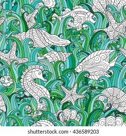 Seamless pattern of colorful hand drawn seashells, starfish and seahorse