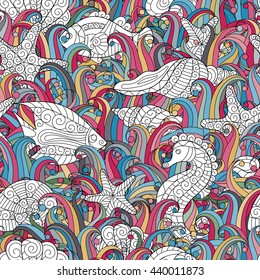 Seamless pattern of colorful hand drawn seashells, starfish and seahorse