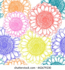 Seamless pattern with colorful hand drawn flowers
