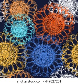 Seamless pattern with colorful hand drawn flowers on dark background