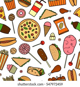 Seamless pattern with colorful hand drawn fast food meals.