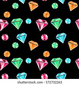 Seamless pattern of colorful hand drawn diamonds on black background.